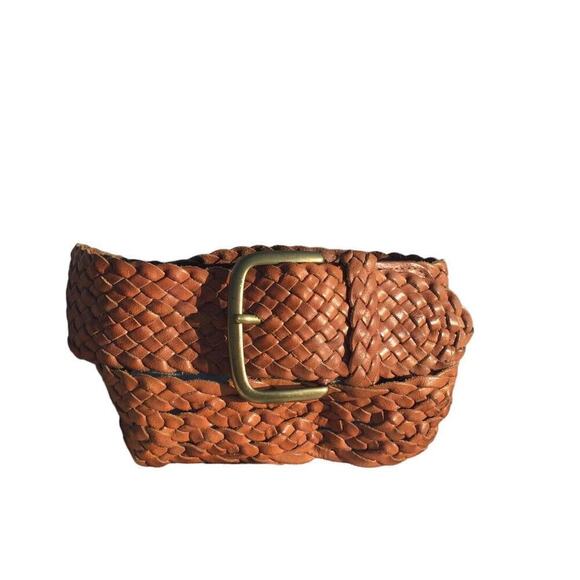 Linea Pelle Brown Leather Belt Small Gold Accents Big Brass Buckle Boho Western Linea Pelle Leather Belt Boho Solid Brass Studded Laser Cut  main image 3